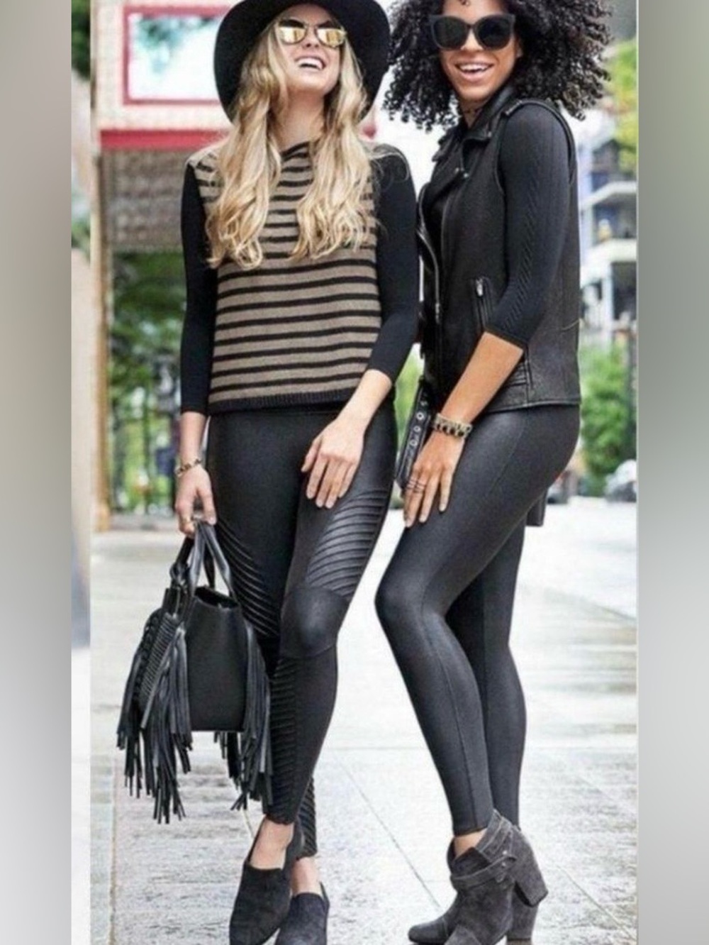 Mono B Black Faux-Leather Moto Leggings with Ribbed Knee Detail size Lg